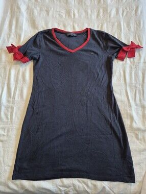 Tommy Hilfiger women's Medium tshirt dress red accent trim bows VGUC